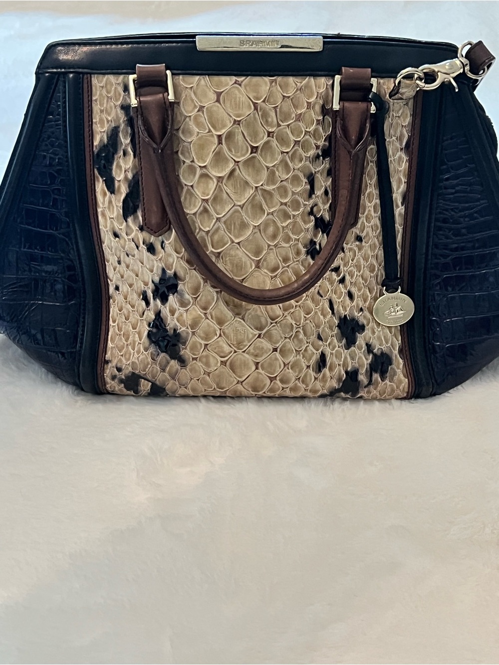 Brahmin Cream Black Brown Python-Embossed Satchel